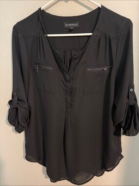 My Michelle Black V-Neck Roll-Tab Sleeve Blouse with Zip Pockets